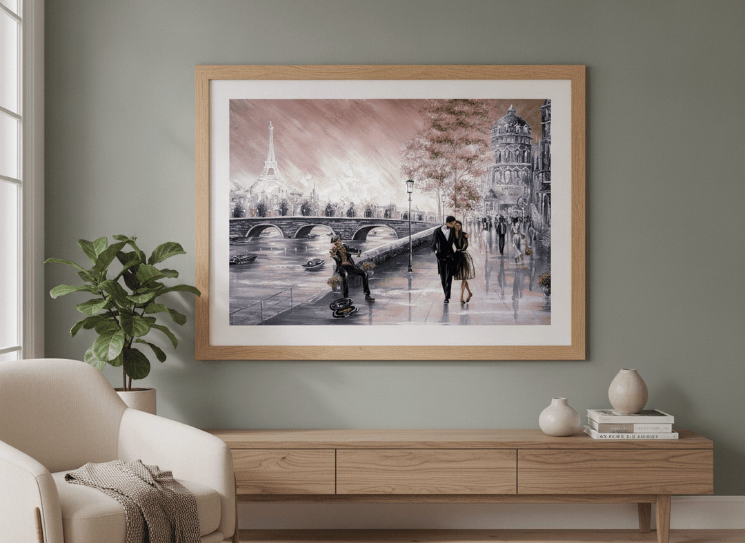 Modern wall art styled above a sofa in a neutral living room