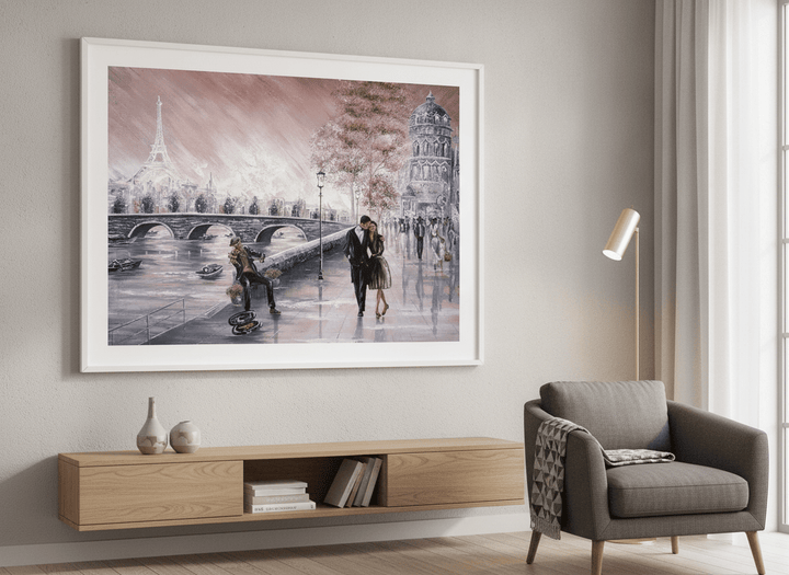 Modern wall art styled above a sofa in a neutral living room