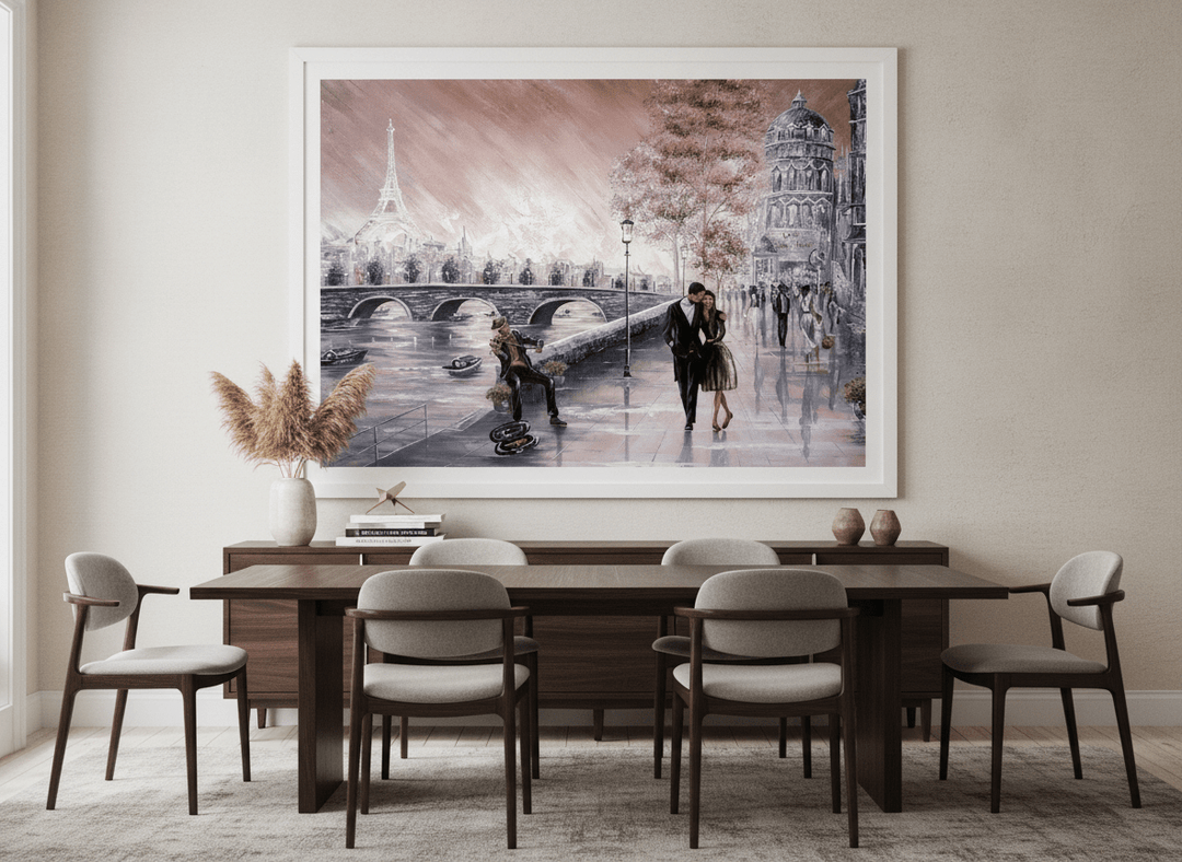 Monumental artwork centred on a feature wall in a luxe interior