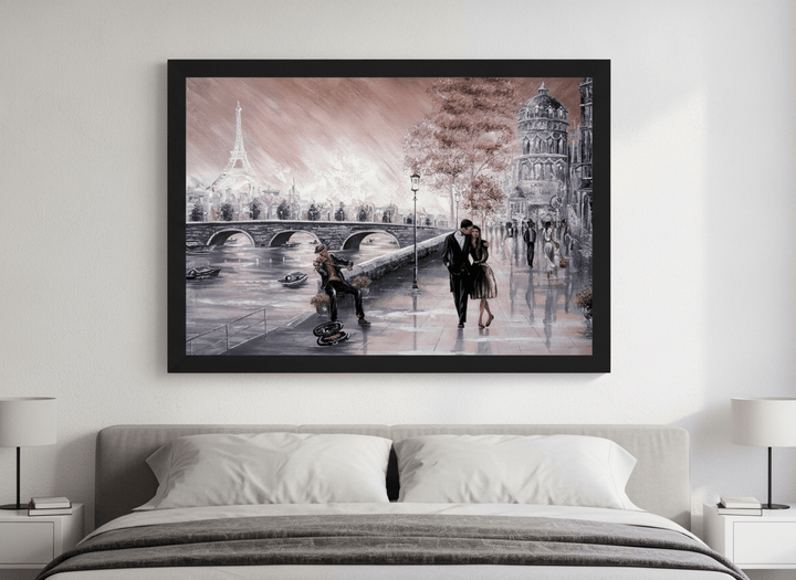 Minimalist artwork displayed in a calm, light-filled bedroom interior