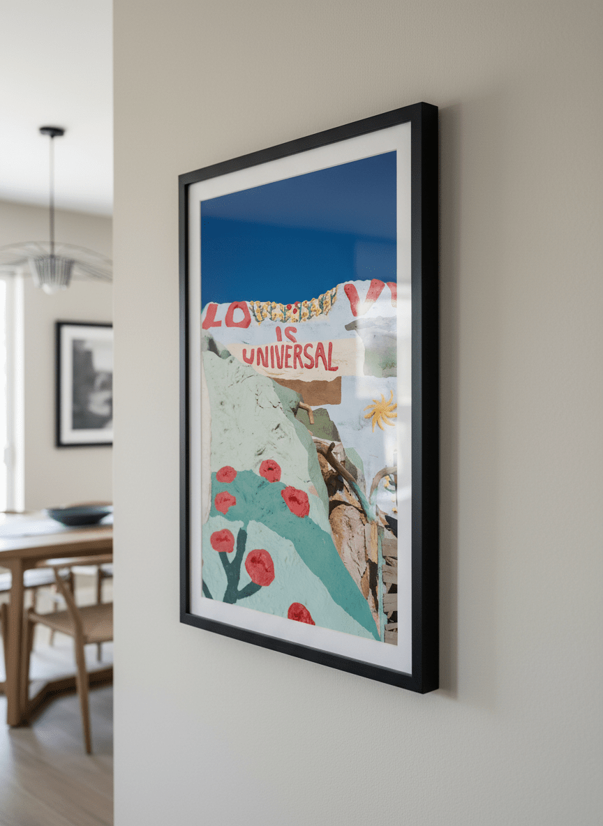 Wall art styled above a dining table in a contemporary home