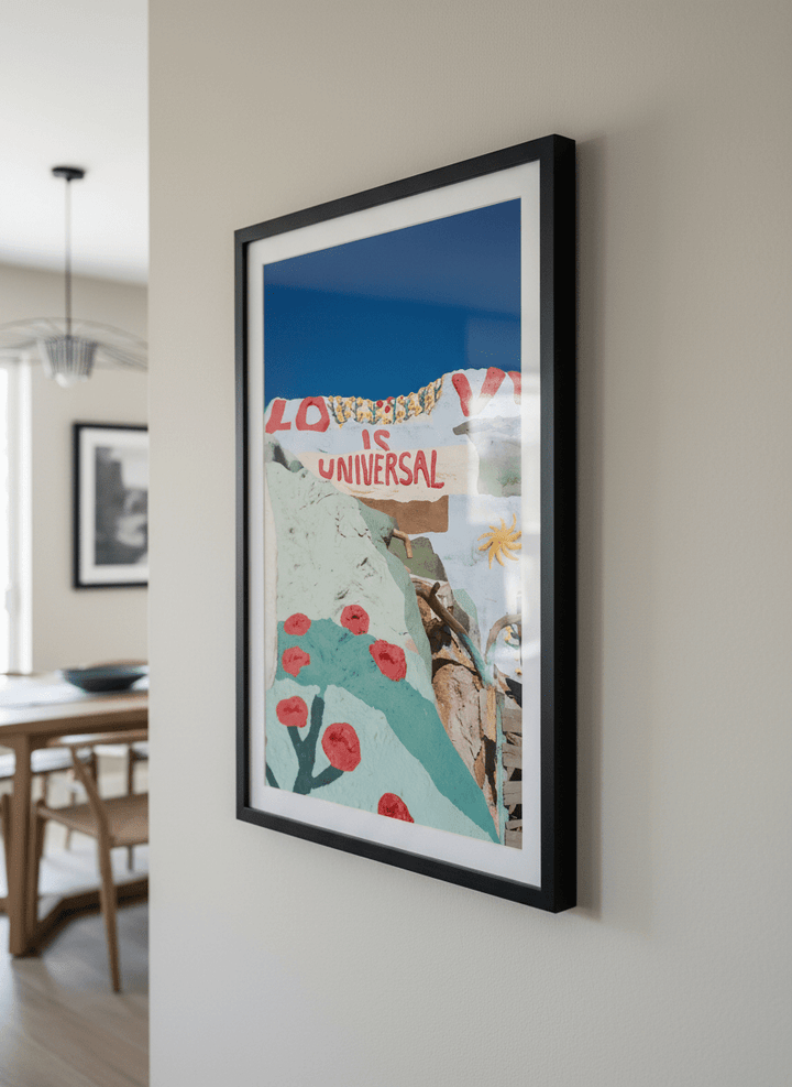 Wall art styled above a dining table in a contemporary home