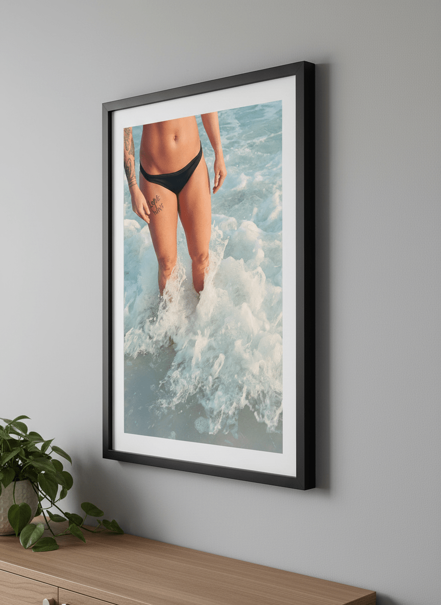 Modern wall art styled above a sofa in a neutral living room