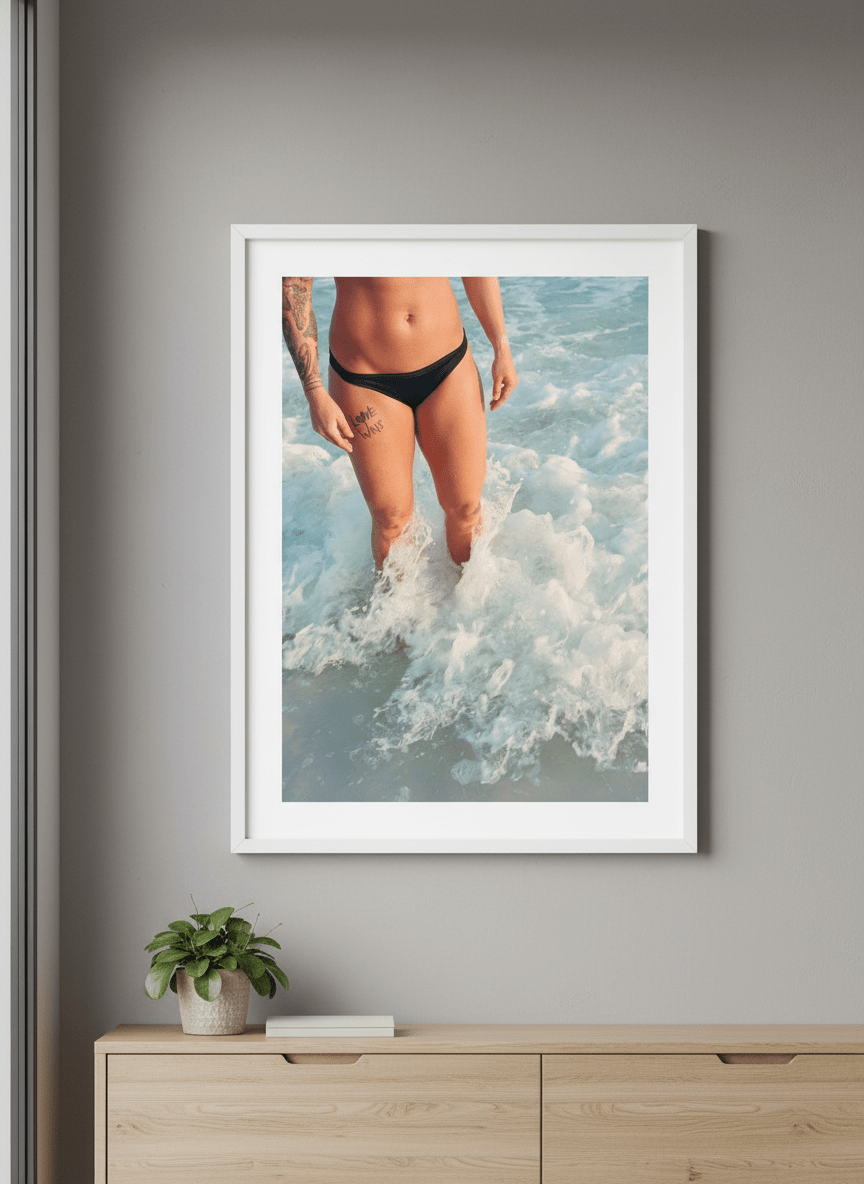 Minimalist artwork displayed in a calm, light-filled bedroom interior