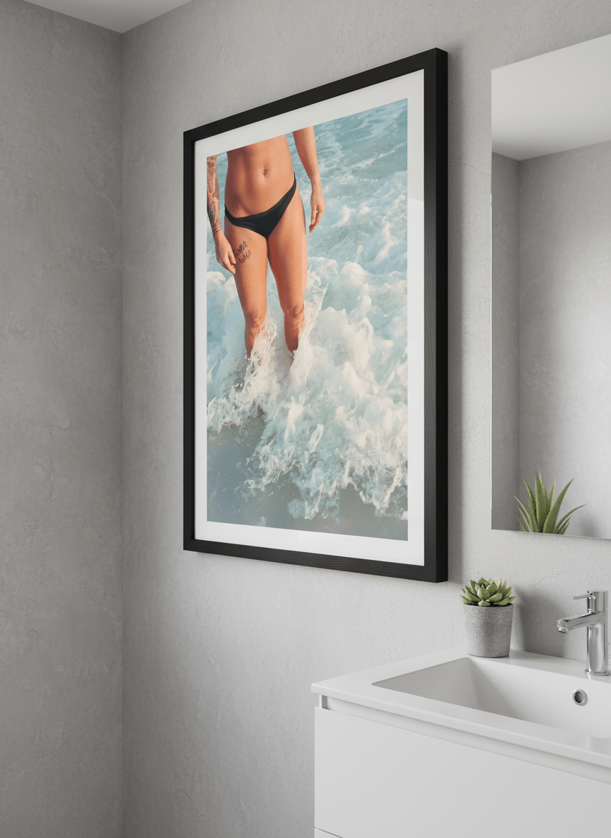 Modern print displayed in a clean minimalist bathroom setting