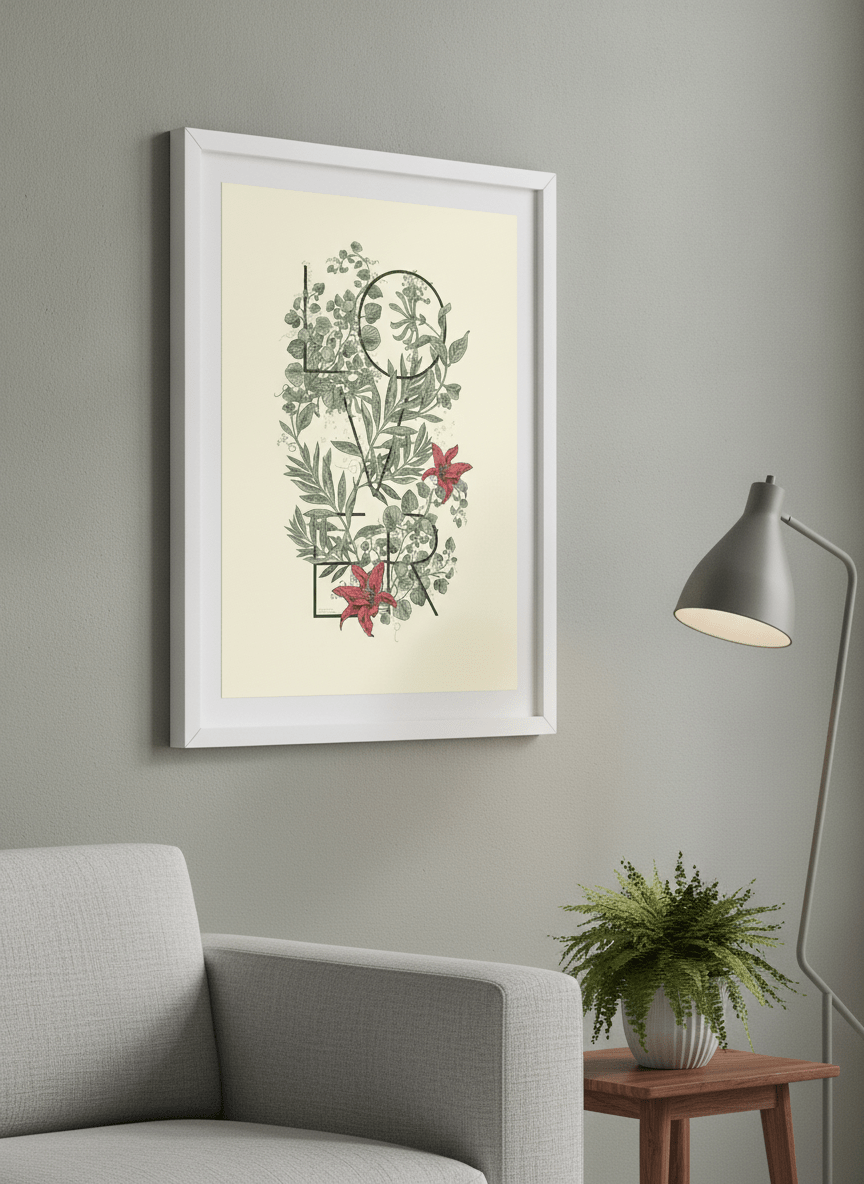 Modern wall art styled above a sofa in a neutral living room