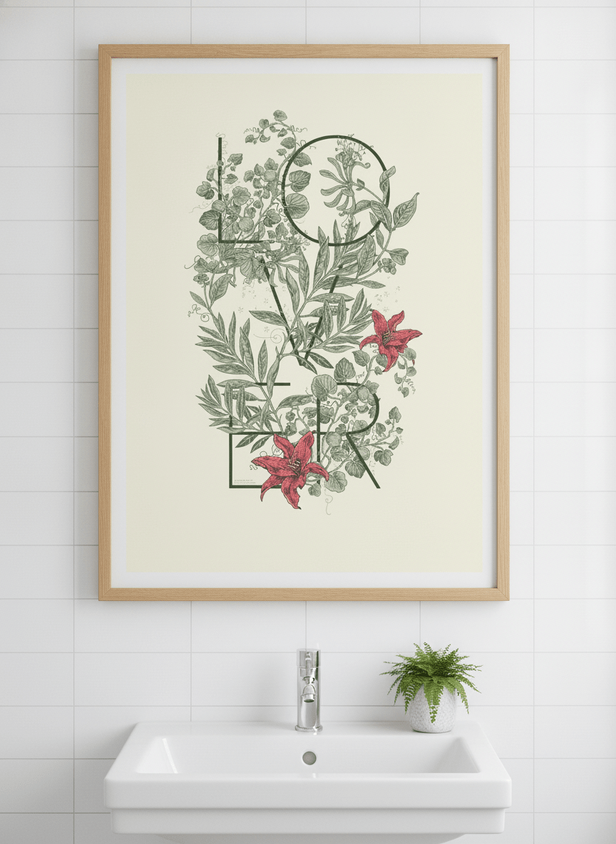 Modern print displayed in a clean minimalist bathroom setting