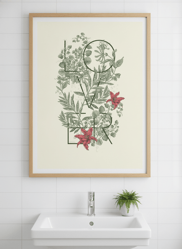 Modern print displayed in a clean minimalist bathroom setting