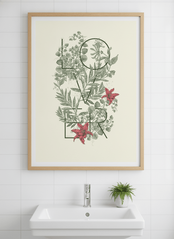 Modern print displayed in a clean minimalist bathroom setting