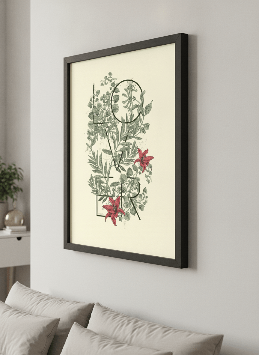 Minimalist artwork displayed in a calm, light-filled bedroom interior
