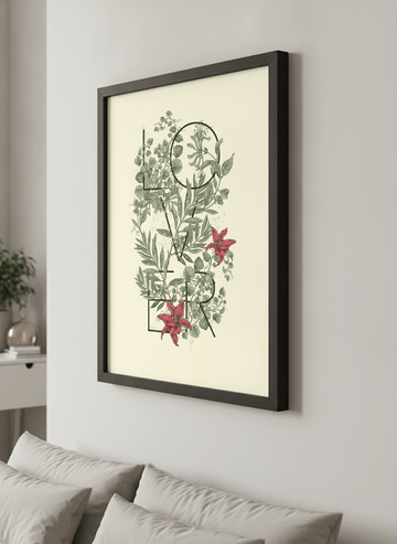 Minimalist artwork displayed in a calm, light-filled bedroom interior