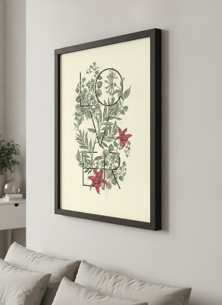 Minimalist artwork displayed in a calm, light-filled bedroom interior