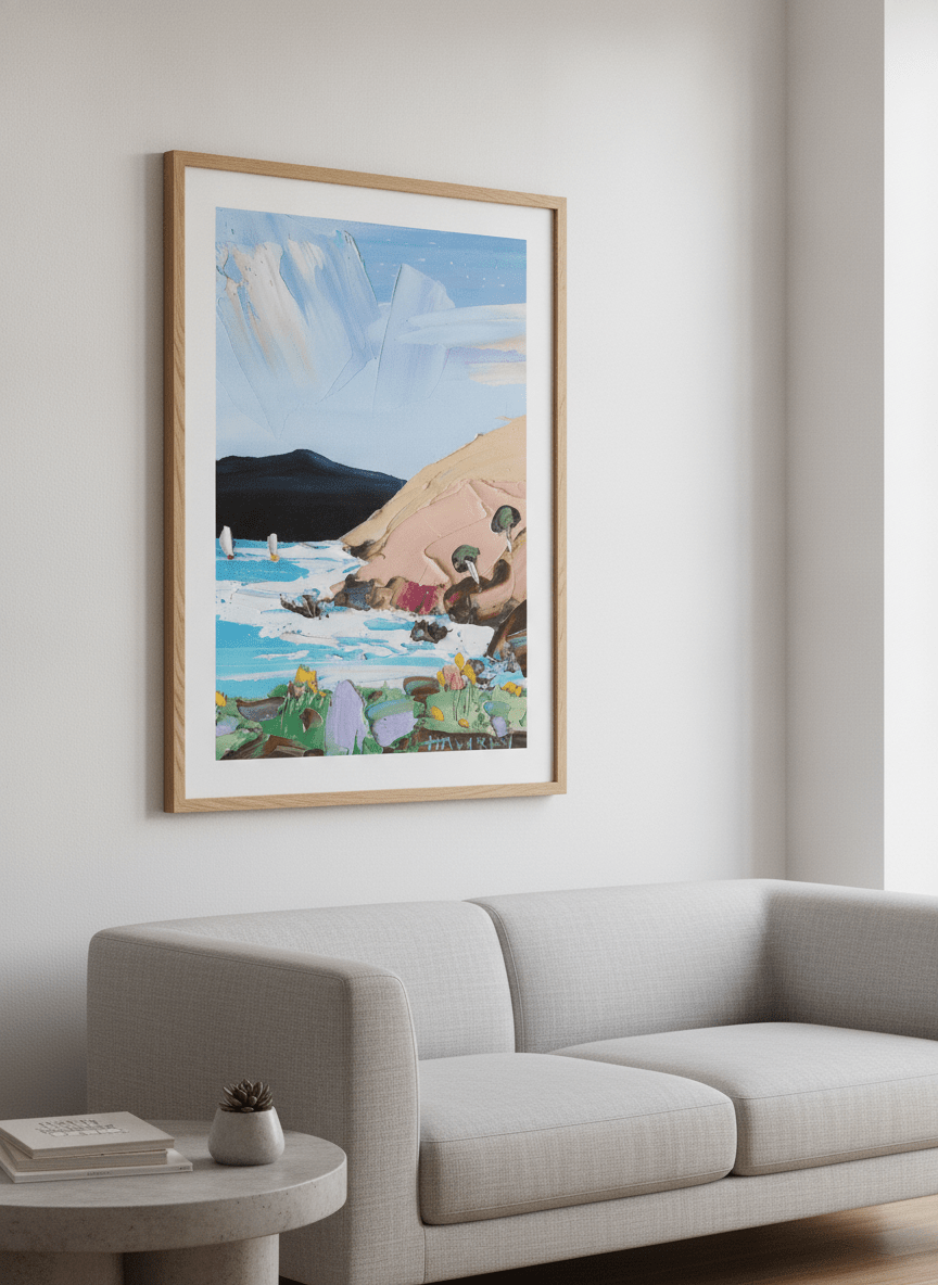 Modern wall art styled above a sofa in a neutral living room
