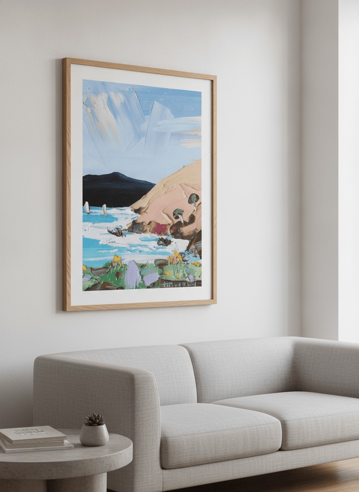 Modern wall art styled above a sofa in a neutral living room