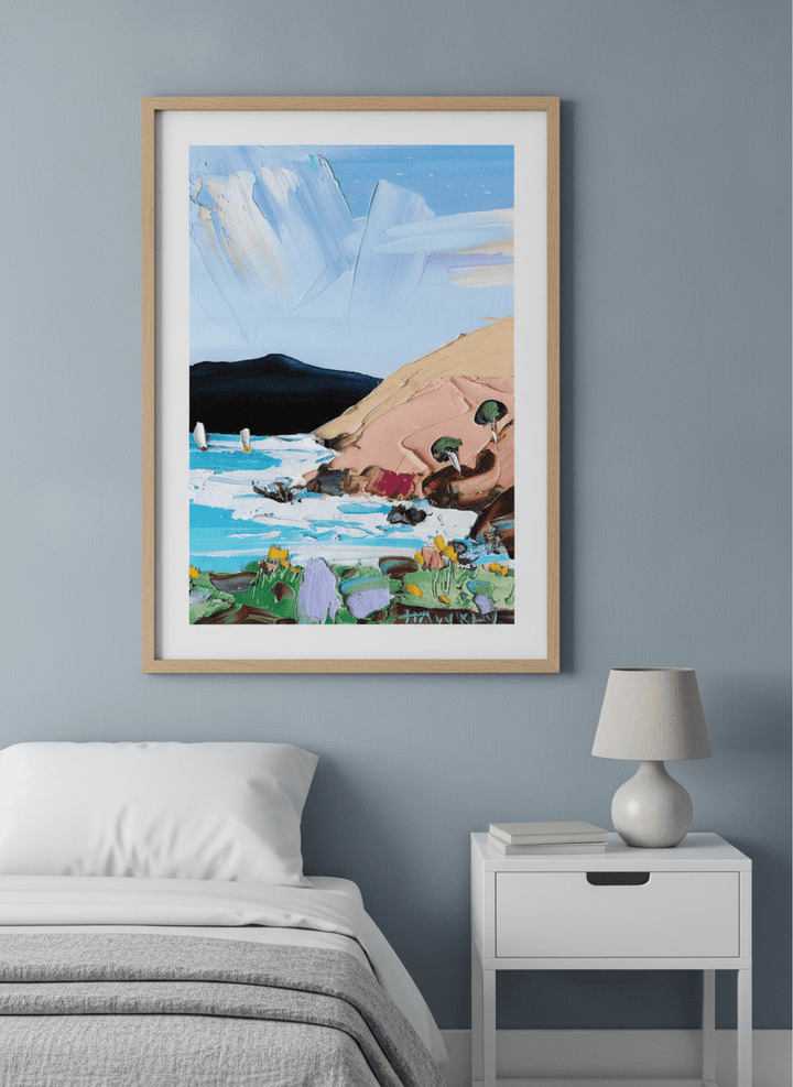 Minimalist artwork displayed in a calm, light-filled bedroom interior