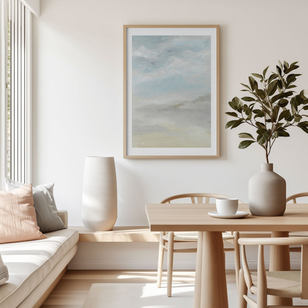Modern living room with a painting on the wall, a sofa, and a dining table.