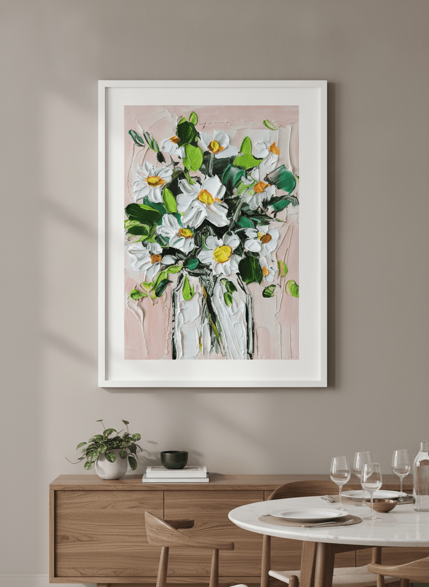 Wall art styled above a dining table in a contemporary home