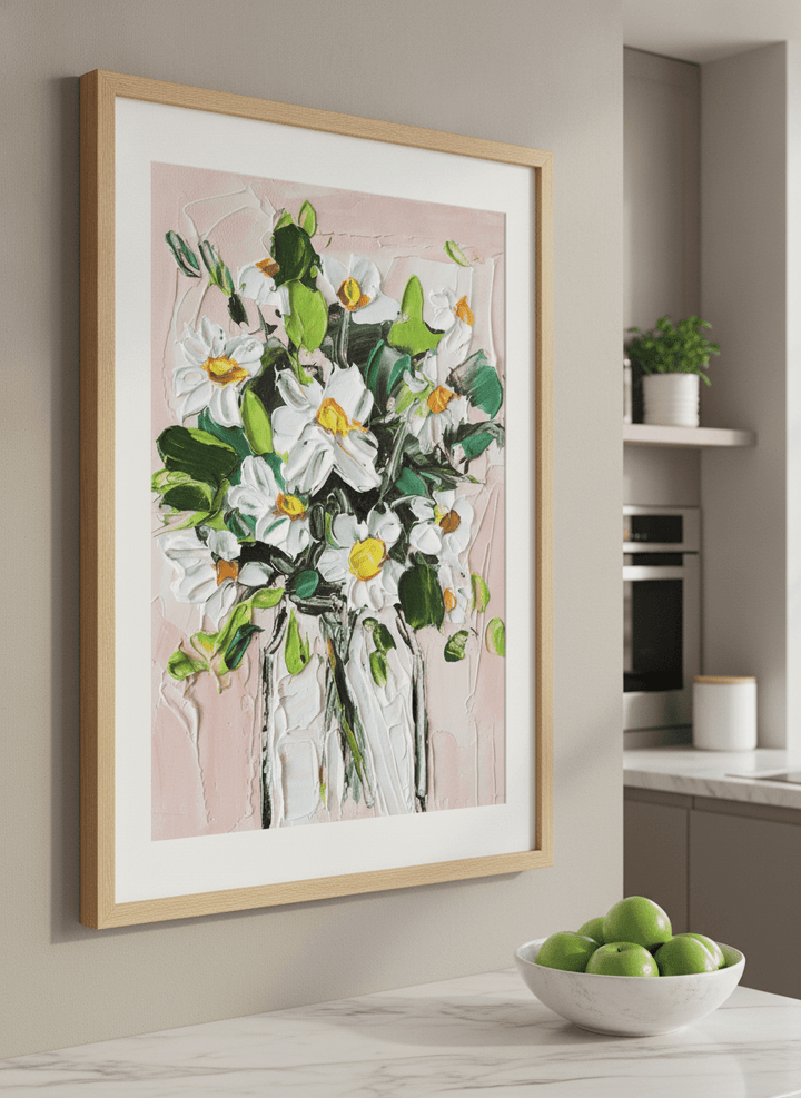 Artwork styled on the wall of a bright modern kitchen