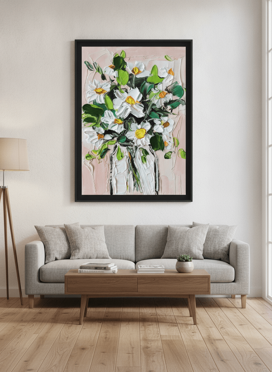 Modern wall art styled above a sofa in a neutral living room