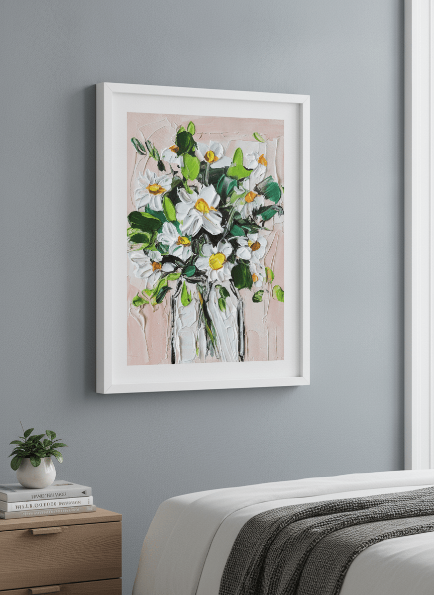 Minimalist artwork displayed in a calm, light-filled bedroom interior