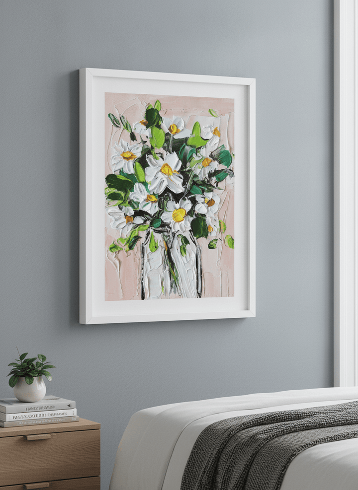 Minimalist artwork displayed in a calm, light-filled bedroom interior