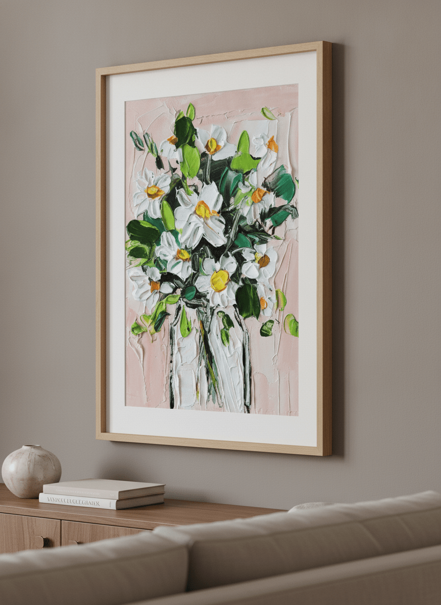 Modern wall art styled above a sofa in a neutral living room