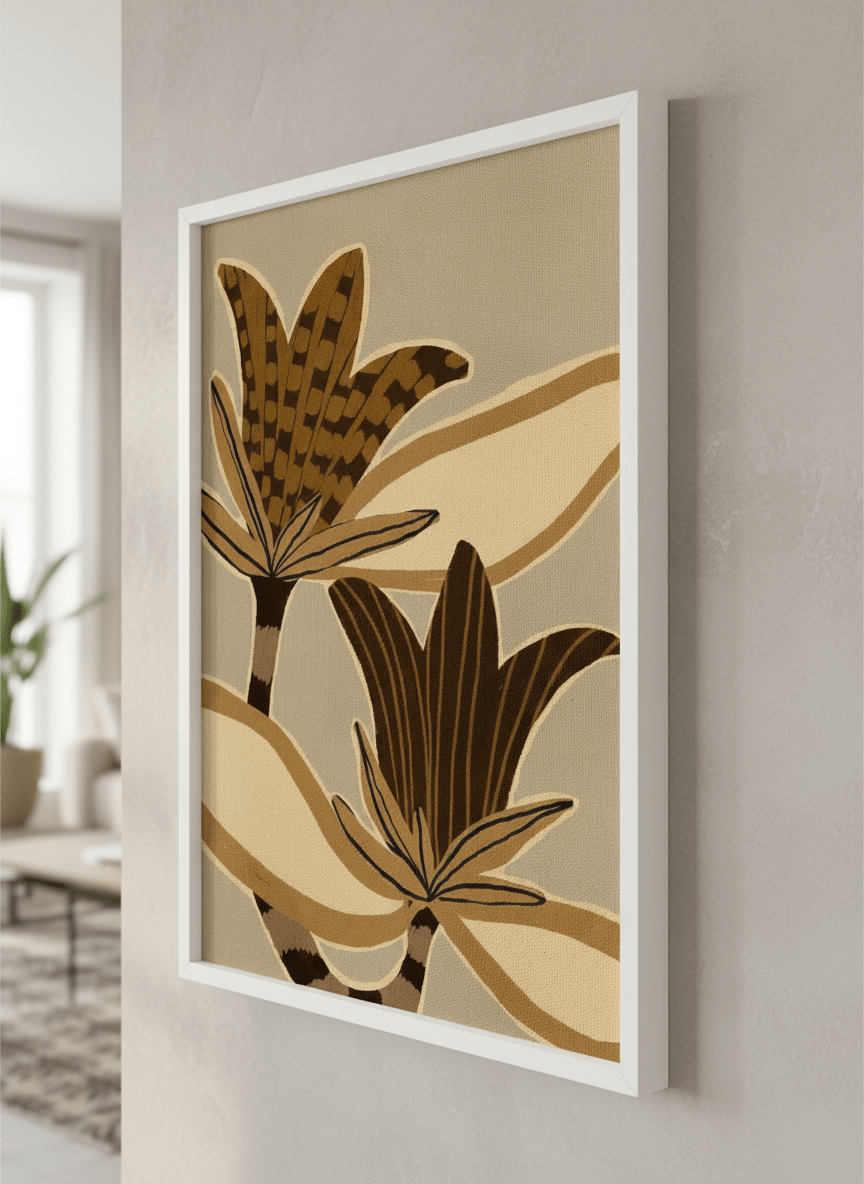 Modern wall art styled above a sofa in a neutral living room