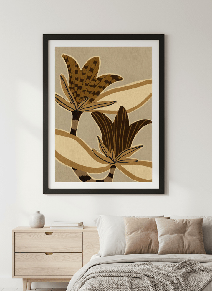 Minimalist artwork displayed in a calm, light-filled bedroom interior