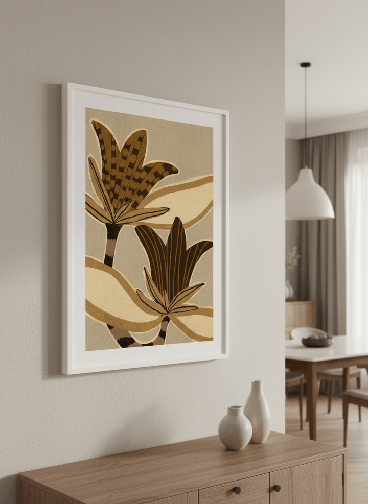 Wall art styled above a dining table in a contemporary home