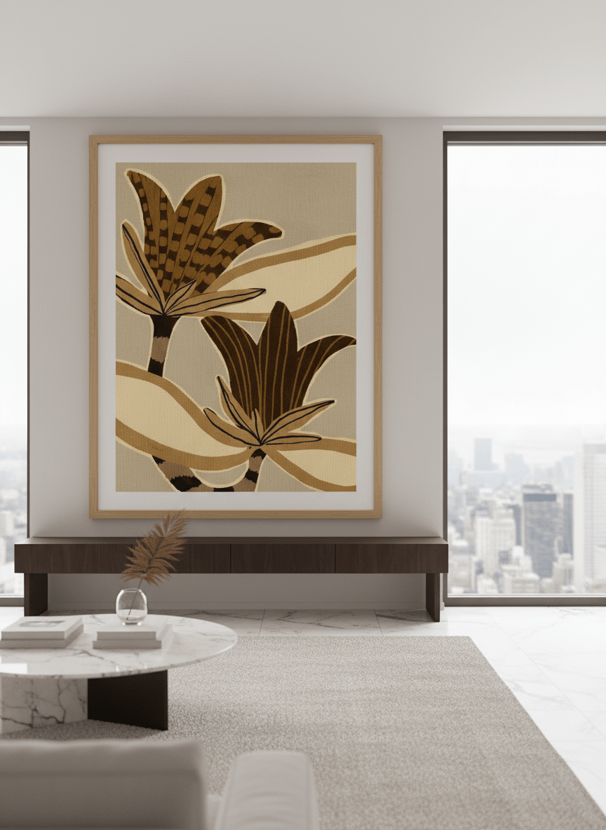 Monumental artwork centred on a feature wall in a luxe interior