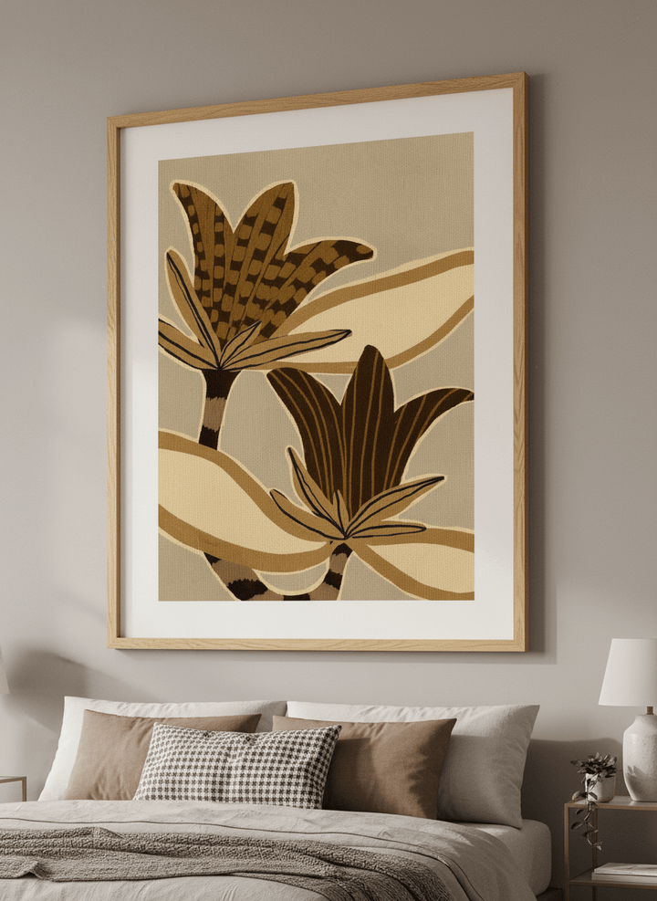 Minimalist artwork displayed in a calm, light-filled bedroom interior