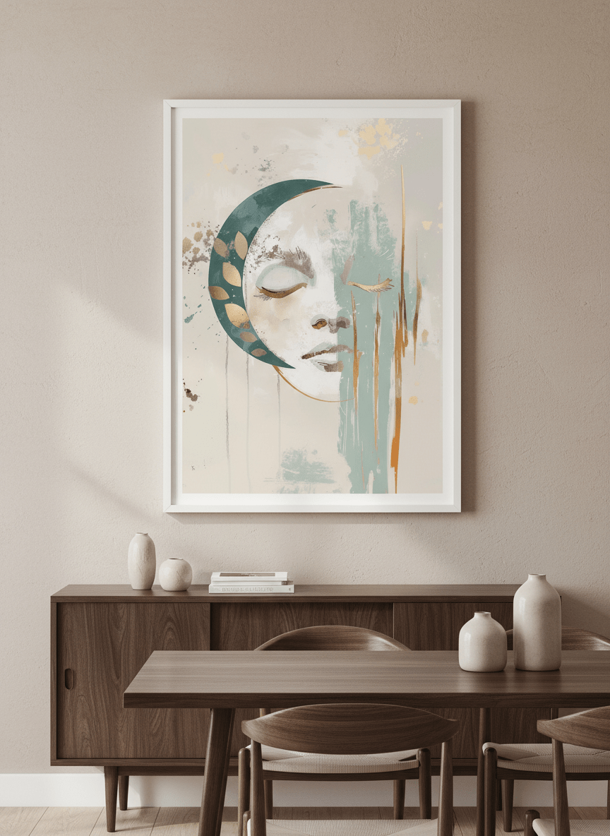Wall art styled above a dining table in a contemporary home