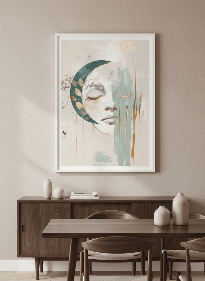 Wall art styled above a dining table in a contemporary home