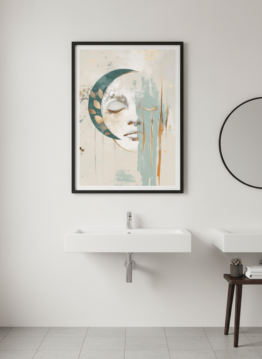 Modern print displayed in a clean minimalist bathroom setting