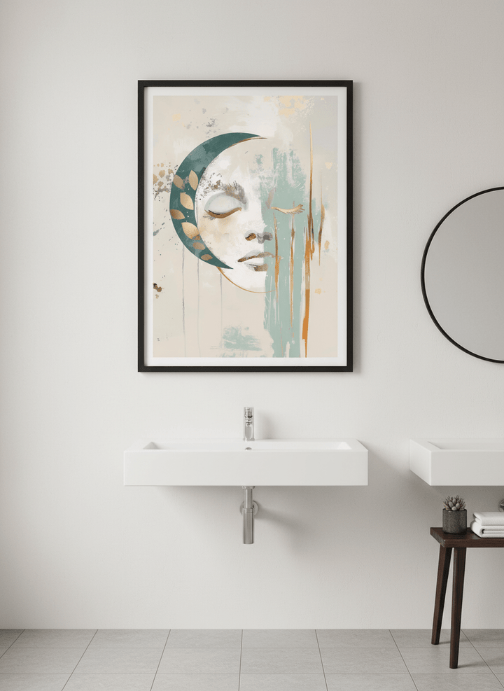 Modern print displayed in a clean minimalist bathroom setting