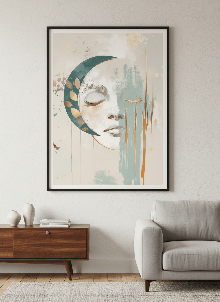 Modern wall art styled above a sofa in a neutral living room