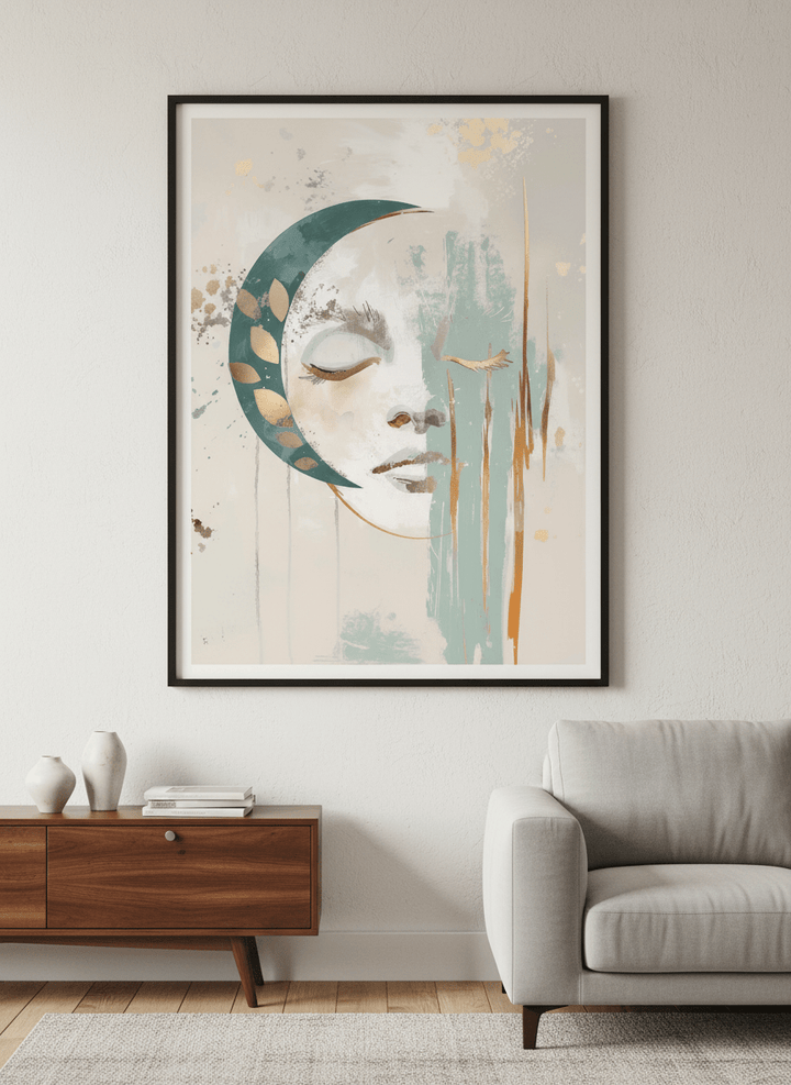 Modern wall art styled above a sofa in a neutral living room