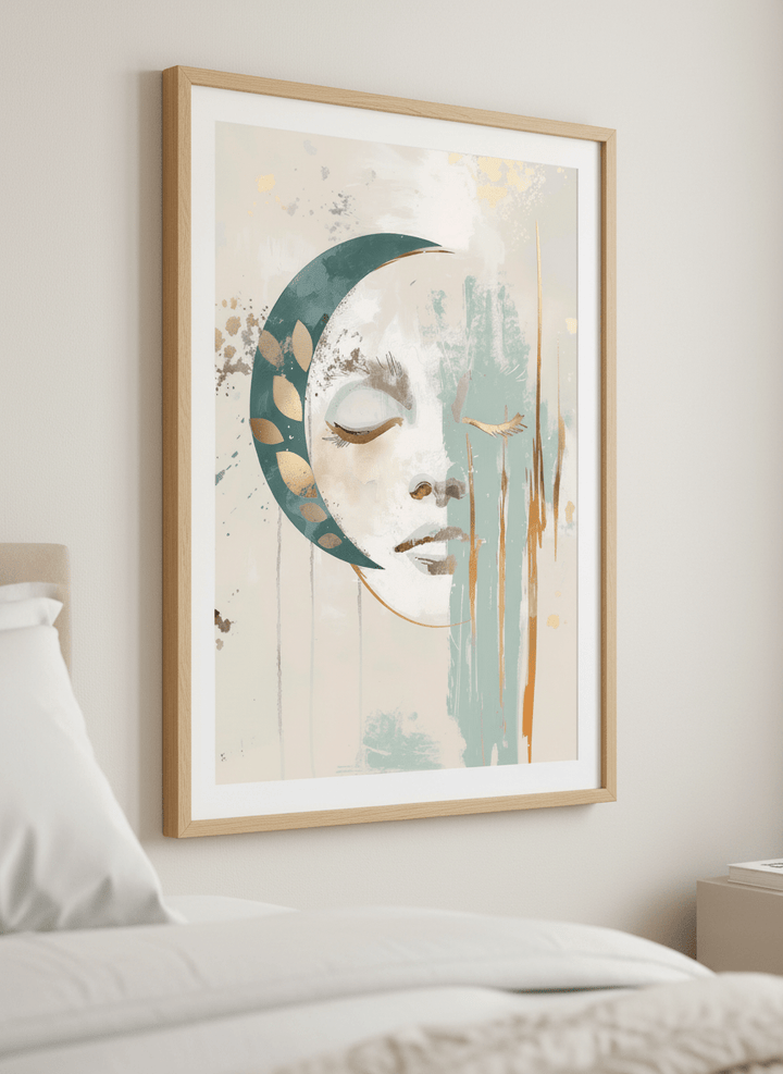 Minimalist artwork displayed in a calm, light-filled bedroom interior