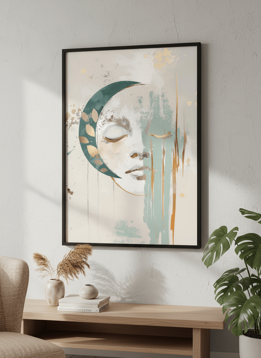 Modern wall art styled above a sofa in a neutral living room