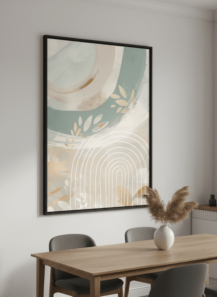 Wall art styled above a dining table in a contemporary home
