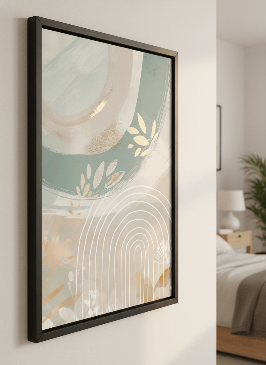 Minimalist artwork displayed in a calm, light-filled bedroom interior
