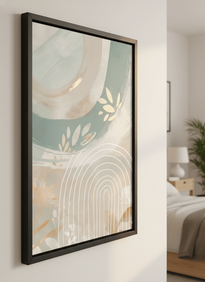Minimalist artwork displayed in a calm, light-filled bedroom interior