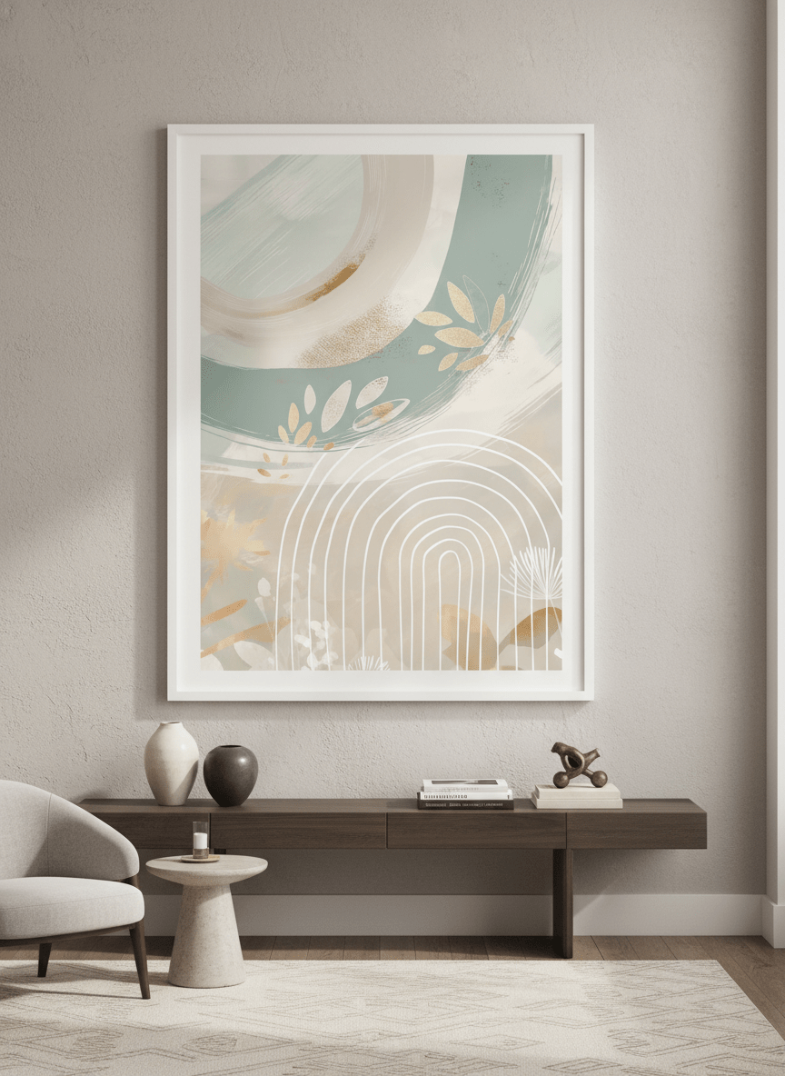 Monumental artwork centred on a feature wall in a luxe interior