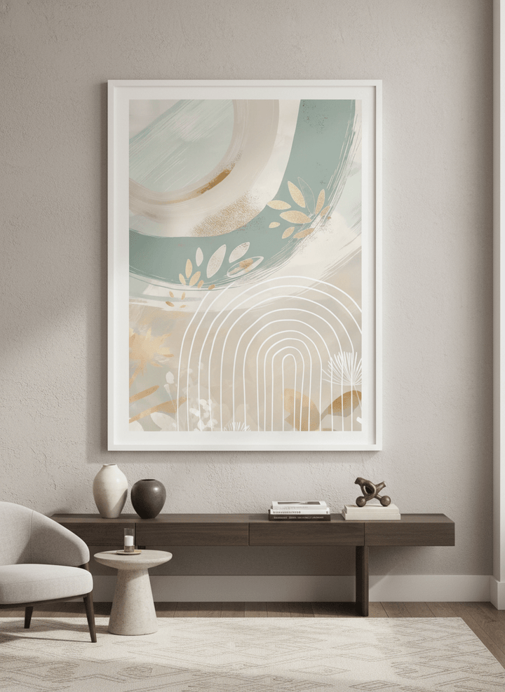 Monumental artwork centred on a feature wall in a luxe interior