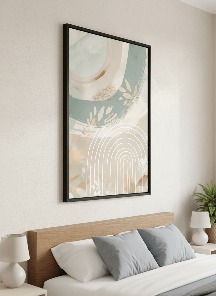 Minimalist artwork displayed in a calm, light-filled bedroom interior