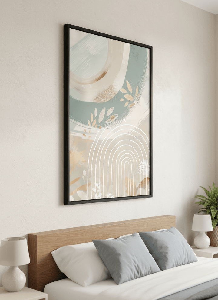 Minimalist artwork displayed in a calm, light-filled bedroom interior