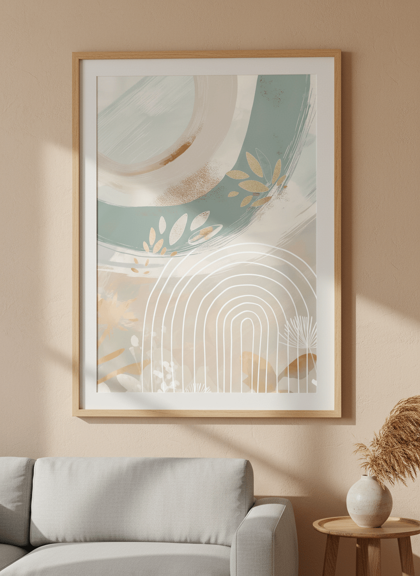 Modern wall art styled above a sofa in a neutral living room
