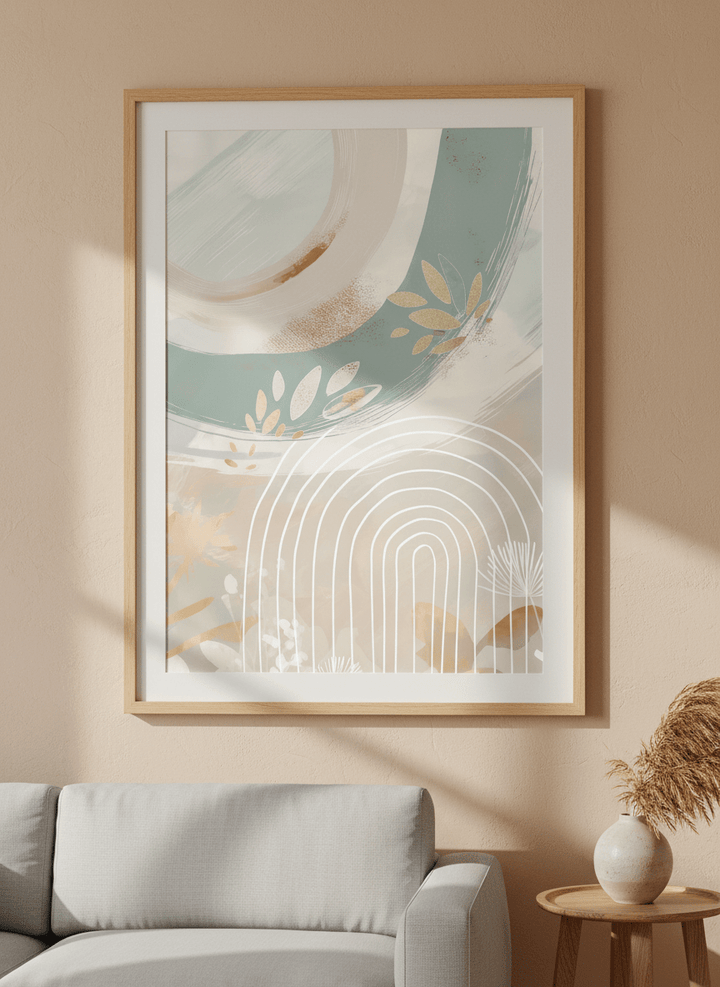 Modern wall art styled above a sofa in a neutral living room