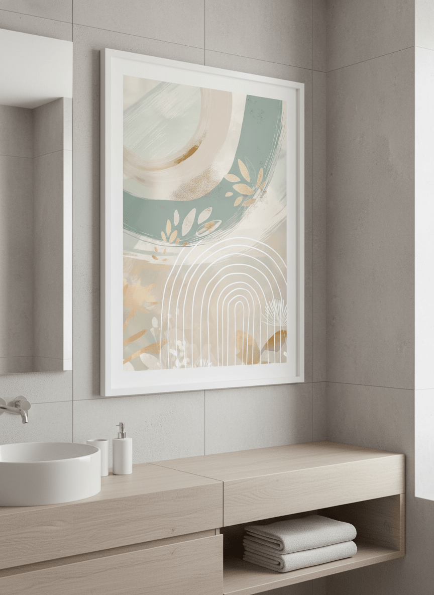 Modern print displayed in a clean minimalist bathroom setting