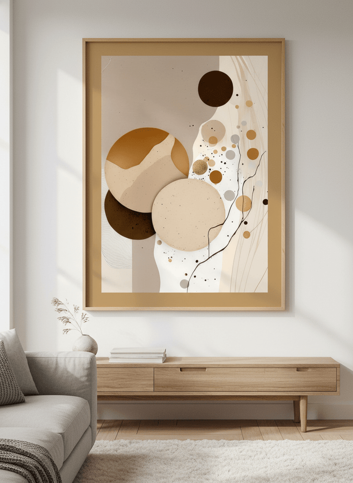 Modern wall art styled above a sofa in a neutral living room